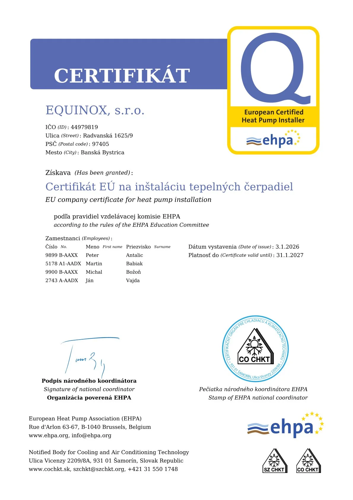 Certifikát EHPA 2026
