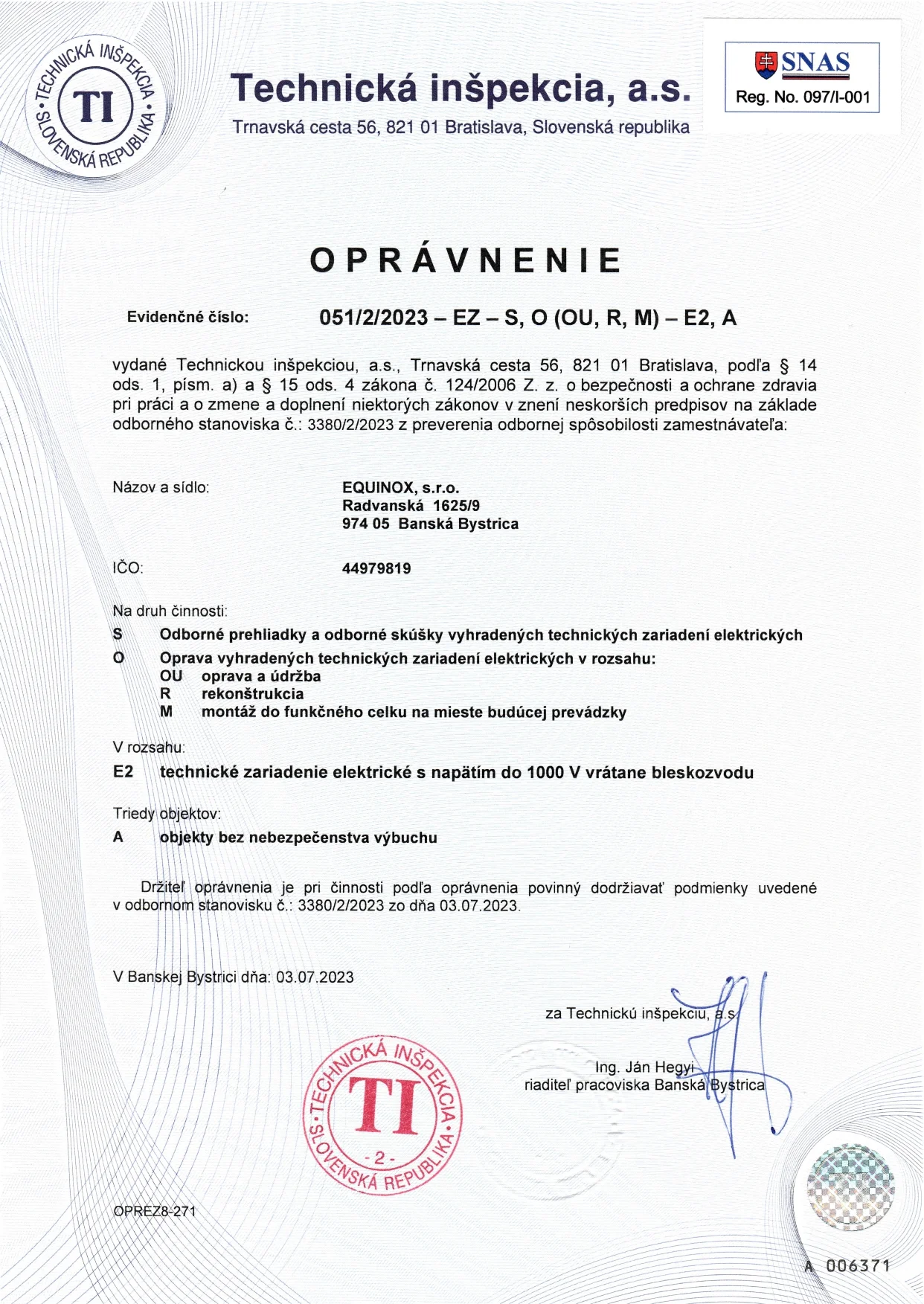Oprávnenie VTZ elektrické