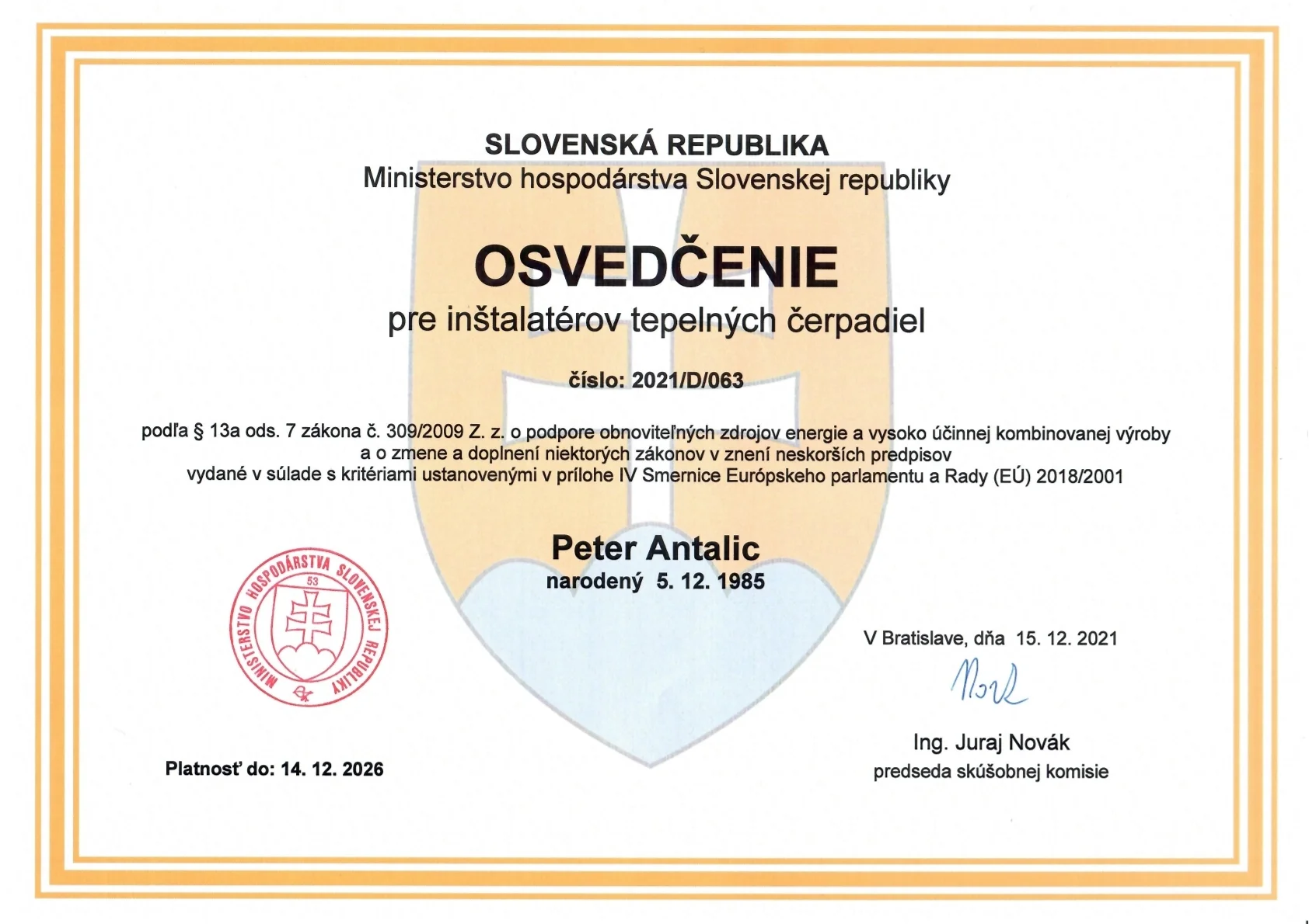 Osvedčenie MH SR – Peter Antalic